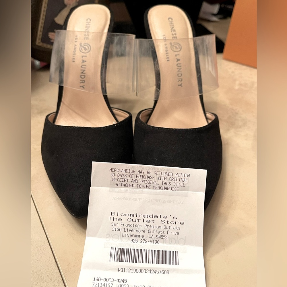 Chinese Laundry women’s black suede plexi clear straps pumps dress mule heels